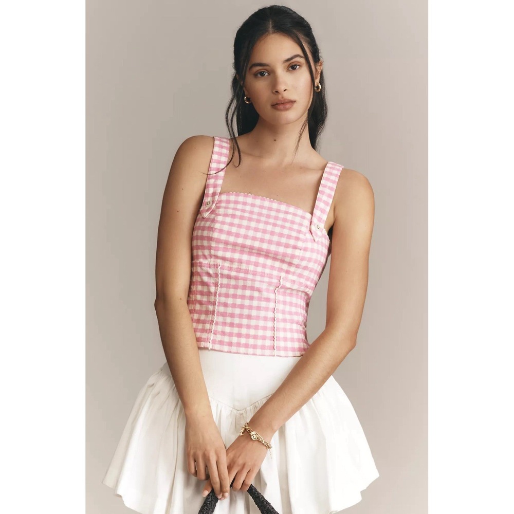 Pink Maeve Gingham Corset‎ Top Tank Anthropologie XL pink & white Cottage Core